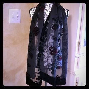 EUC Red Rose Vine Velvet Embroidered Scarf